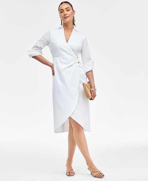 alfani I.N.C. International Concepts Women's Hardware-Trim Cotton Faux-Wrap Dress Exclusively at Macy's Women's Fashion Shoes & Accessories