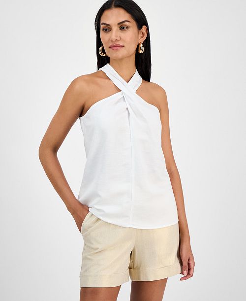 alfani I.N.C. International Concepts Women's Linen-Blend Halter Top Exclusively at Macy's Women's Fashion Shoes & Accessories