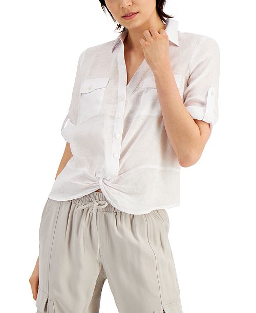 alfani I.N.C. International Concepts Women's Linen Twist-Hem Blouse Created for Macy's Women's Fashion Shoes & Accessories