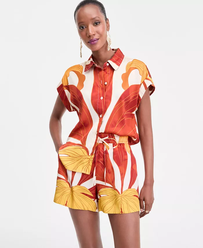 Alfani I.N.C. International Concepts Women's Printed Button-Down Camp Shirt & Matching Drawstring Shorts Exclusively At Macy's Women's Fashion Shoes & Accessories