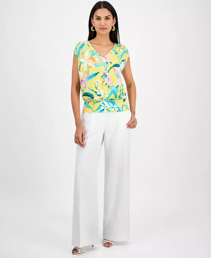 Alfani I.N.C. International Concepts Women's Printed Ruched Cap-Sleeve Top Exclusively At Macy's Women's Fashion Shoes & Accessories