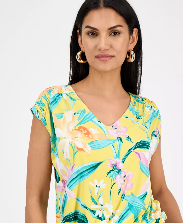 Alfani I.N.C. International Concepts Women's Printed Ruched Cap-Sleeve Top Exclusively At Macy's Women's Fashion Shoes & Accessories