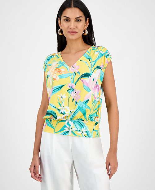alfani I.N.C. International Concepts Women's Printed Ruched Cap-Sleeve Top Exclusively at Macy's Women's Fashion Shoes & Accessories