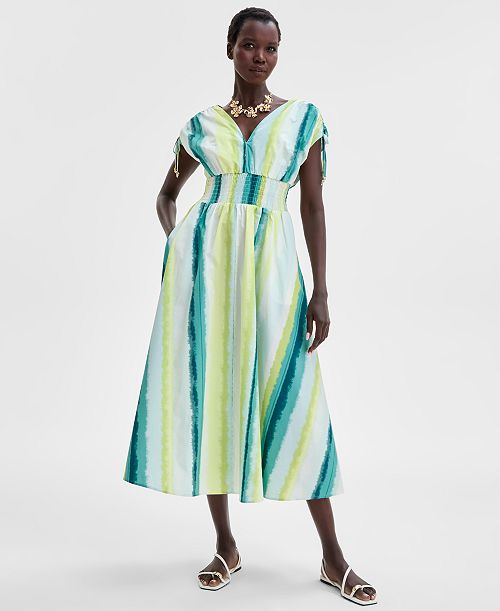 alfani I.N.C. International Concepts Women's Striped Double V-Neck Cotton Dress Exclusively at Macy's Women's Fashion Shoes & Accessories