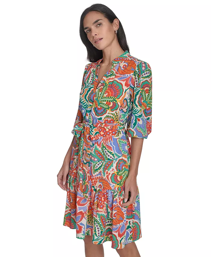 Alfani Jessica Howard Women's Printed Tie-Waist Balloon-Sleeve Dress Women's Fashion Shoes & Accessories