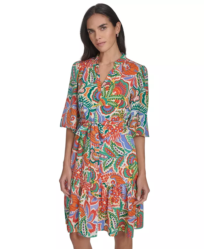 Alfani Jessica Howard Women's Printed Tie-Waist Balloon-Sleeve Dress Women's Fashion Shoes & Accessories