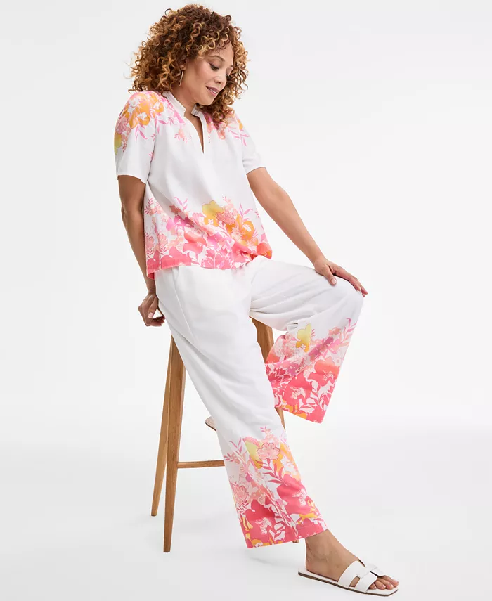 Alfani JM Collection Women's Floral Linen Short-Sleeve Top & Floral Linen Wide-Leg Pants Exclusively At Macy's Women's Fashion Shoes & Accessories