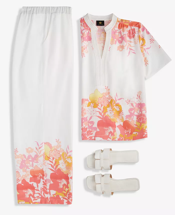 Alfani JM Collection Women's Floral Linen Short-Sleeve Top & Floral Linen Wide-Leg Pants Exclusively At Macy's Women's Fashion Shoes & Accessories