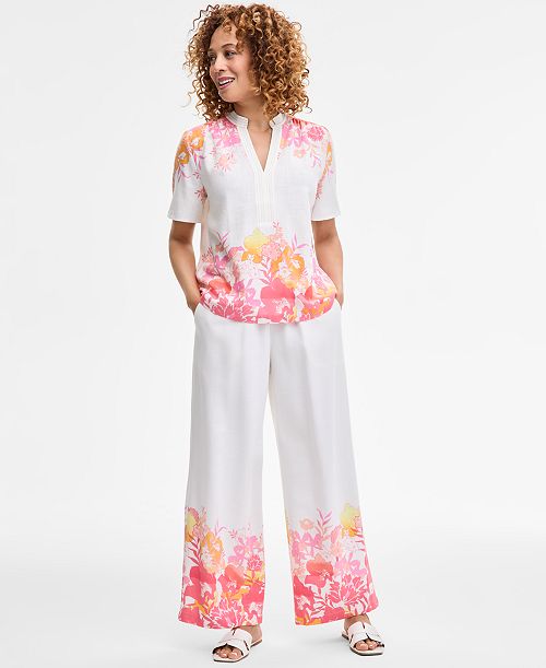 alfani JM Collection Women's Floral Linen Short-Sleeve Top & Floral Linen Wide-Leg Pants Exclusively at Macy's Women's Fashion Shoes & Accessories