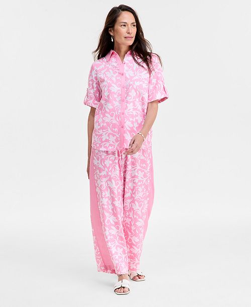 alfani JM Collection Women's Linen Blend Button-Up Top & Pants Exclusively at Macy's Women's Fashion Shoes & Accessories