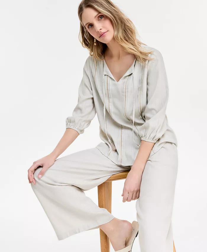 Alfani JM Collection Women's Linen Pintuck Embroidered Top & Pants Exclusively At Macy's Women's Fashion Shoes & Accessories