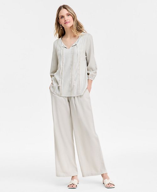 alfani JM Collection Women's Linen Pintuck Embroidered Top & Pants Exclusively at Macy's Women's Fashion Shoes & Accessories