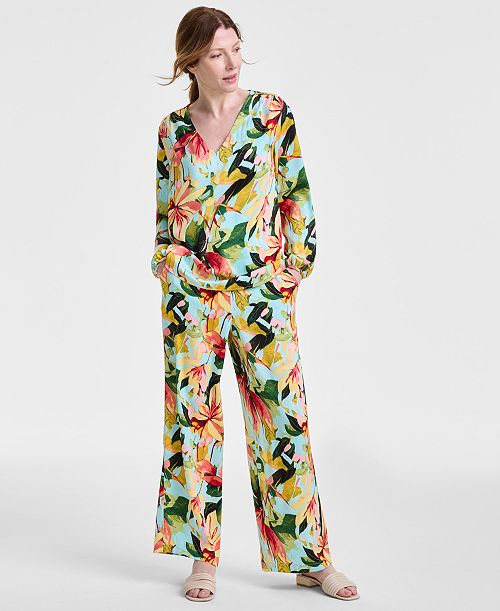 alfani JM Collection Women's Long-Sleeve Satin Blouse & Satin Wide-Leg Pants Exclusively at Macy's Women's Fashion Shoes & Accessories
