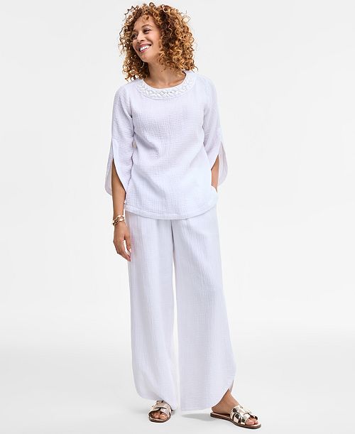 alfani JM Collection Women's Split-Sleeve Gauze Top & Tulip-Hem Gauze Pants Exclusively at Macy's Women's Fashion Shoes & Accessories