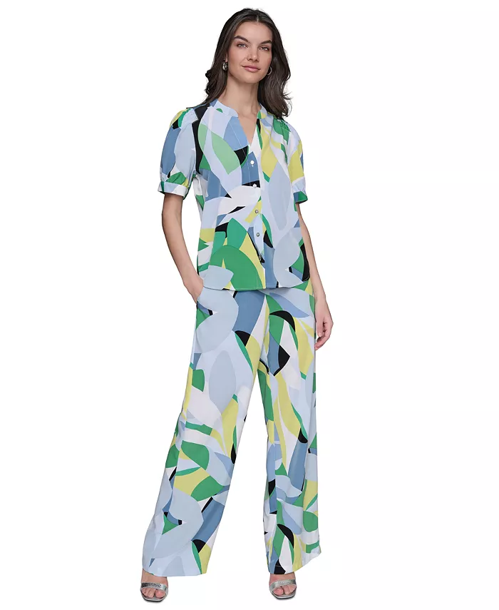Alfani KARL LAGERFELD PARIS KARL LAGERFELD Women's Printed Puff-Sleeve Button-Front Top Women's Fashion Shoes & Accessories