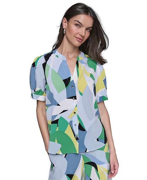 alfani KARL LAGERFELD PARIS KARL LAGERFELD Women's Printed Puff-Sleeve Button-Front Top Women's Fashion Shoes & Accessories