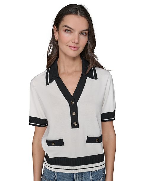 alfani KARL LAGERFELD PARIS Petite Short-Sleeve Tipped Polo Sweater Women's Fashion Shoes & Accessories