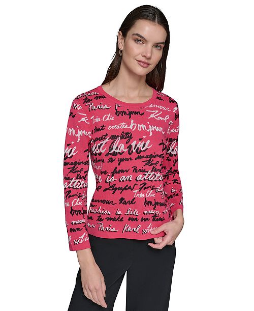 alfani KARL LAGERFELD PARIS Women's Allover Script Sweater Women's Fashion Shoes & Accessories