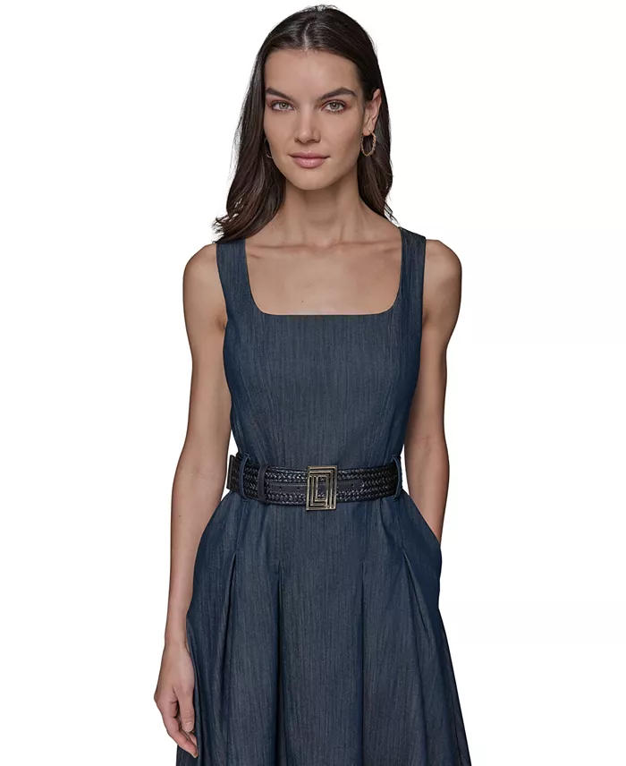 Alfani KARL LAGERFELD PARIS Women's Belted Stretch Denim Midi Dress Women's Fashion Shoes & Accessories
