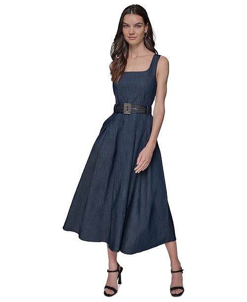 alfani KARL LAGERFELD PARIS Women's Belted Stretch Denim Midi Dress Women's Fashion Shoes & Accessories