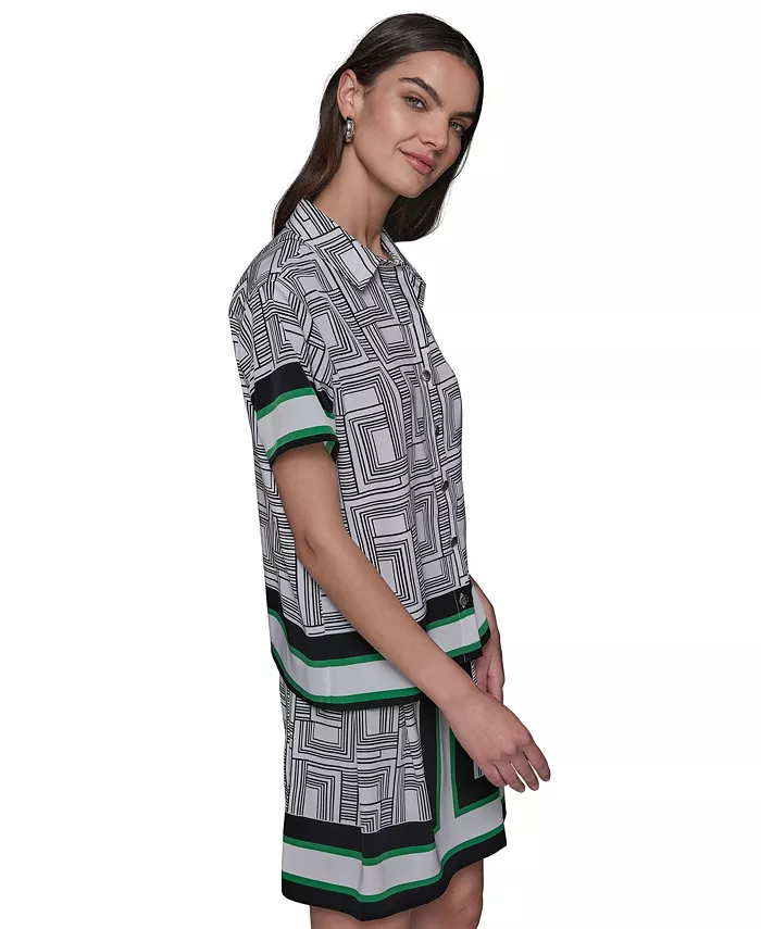 Alfani KARL LAGERFELD PARIS Women's Border Printed Short Sleeve Button-Front Top Women's Fashion Shoes & Accessories