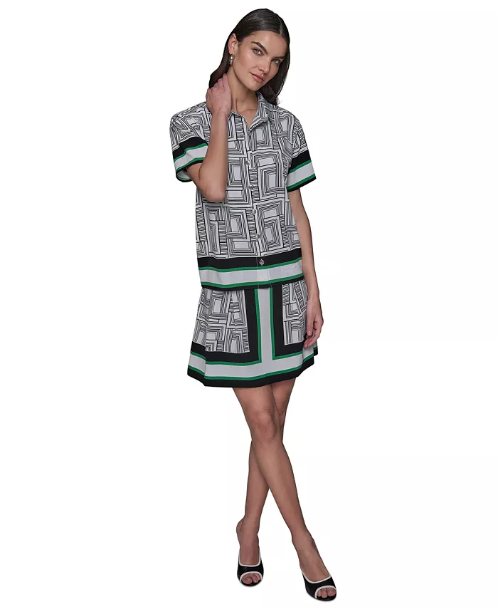 Alfani KARL LAGERFELD PARIS Women's Border Printed Short Sleeve Button-Front Top Women's Fashion Shoes & Accessories