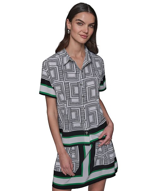 alfani KARL LAGERFELD PARIS Women's Border Printed Short Sleeve Button-Front Top Women's Fashion Shoes & Accessories