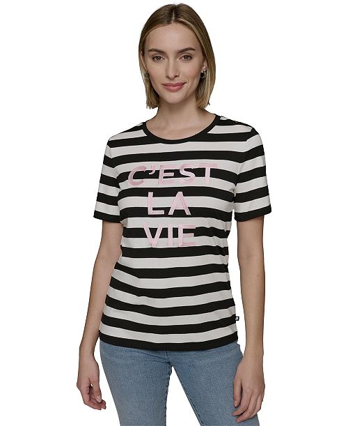 alfani KARL LAGERFELD PARIS Women's C'est La Vie Striped Tee Women's Fashion Shoes & Accessories