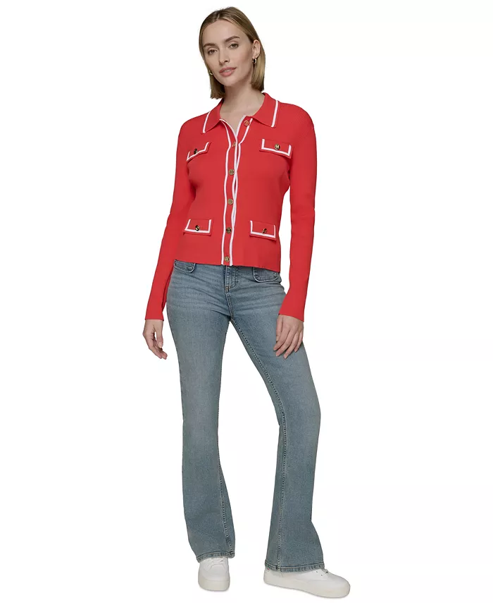 Alfani KARL LAGERFELD PARIS Women's Contrast-Trim Four-Pocket Cardigan Women's Fashion Shoes & Accessories
