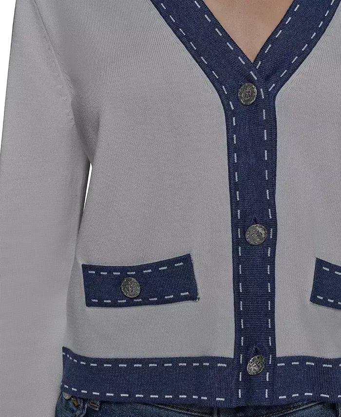 Alfani KARL LAGERFELD PARIS Women's Contrast-Trim V-Neck Cardigan Women's Fashion Shoes & Accessories