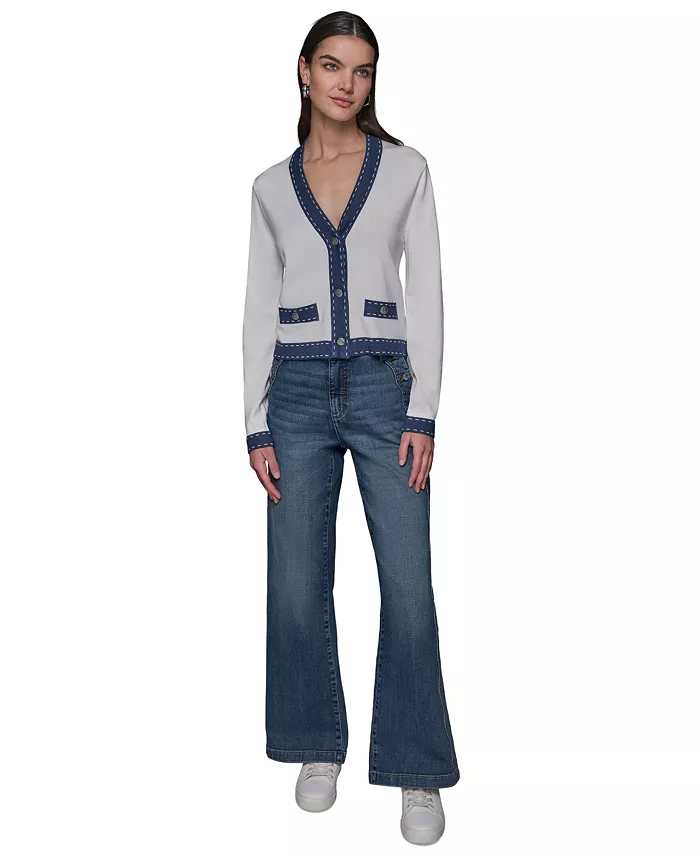 Alfani KARL LAGERFELD PARIS Women's Contrast-Trim V-Neck Cardigan Women's Fashion Shoes & Accessories