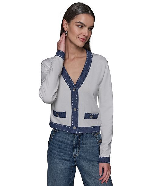 alfani KARL LAGERFELD PARIS Women's Contrast-Trim V-Neck Cardigan Women's Fashion Shoes & Accessories