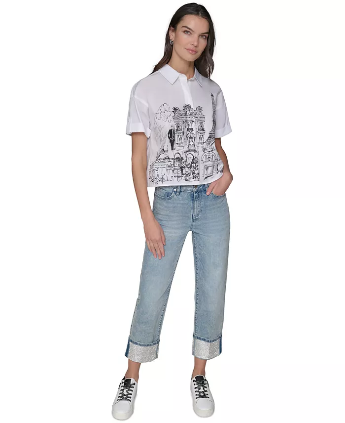 Alfani KARL LAGERFELD PARIS Women's Cotton Crop Paris Scene Button-Front Top Women's Fashion Shoes & Accessories