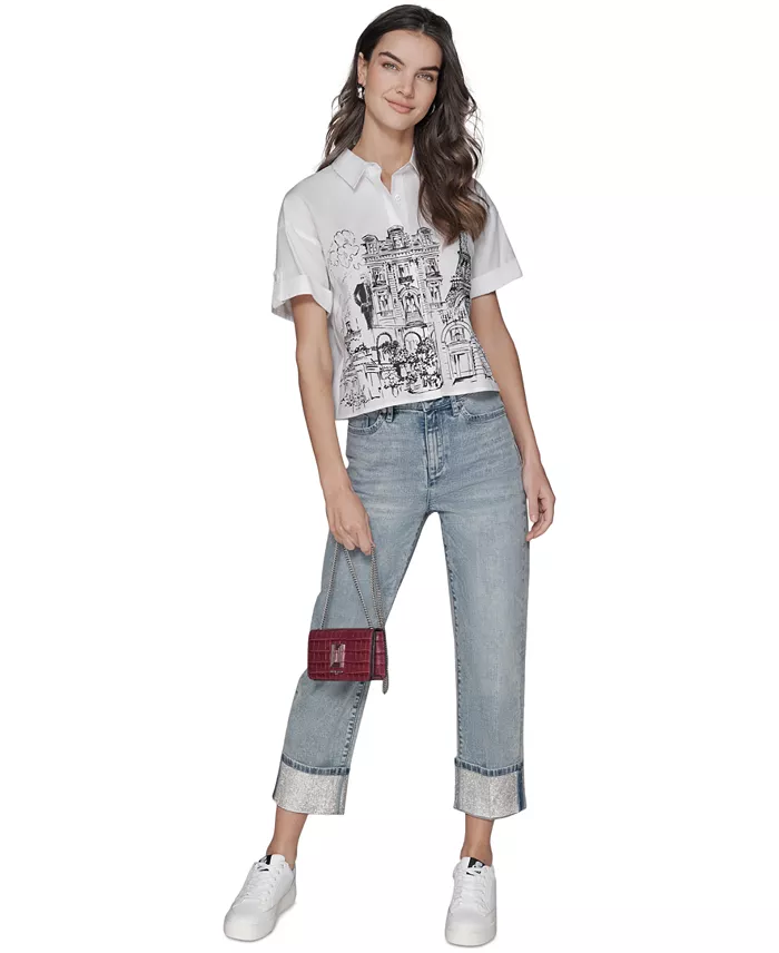 Alfani KARL LAGERFELD PARIS Women's Cotton Crop Paris Scene Button-Front Top Women's Fashion Shoes & Accessories