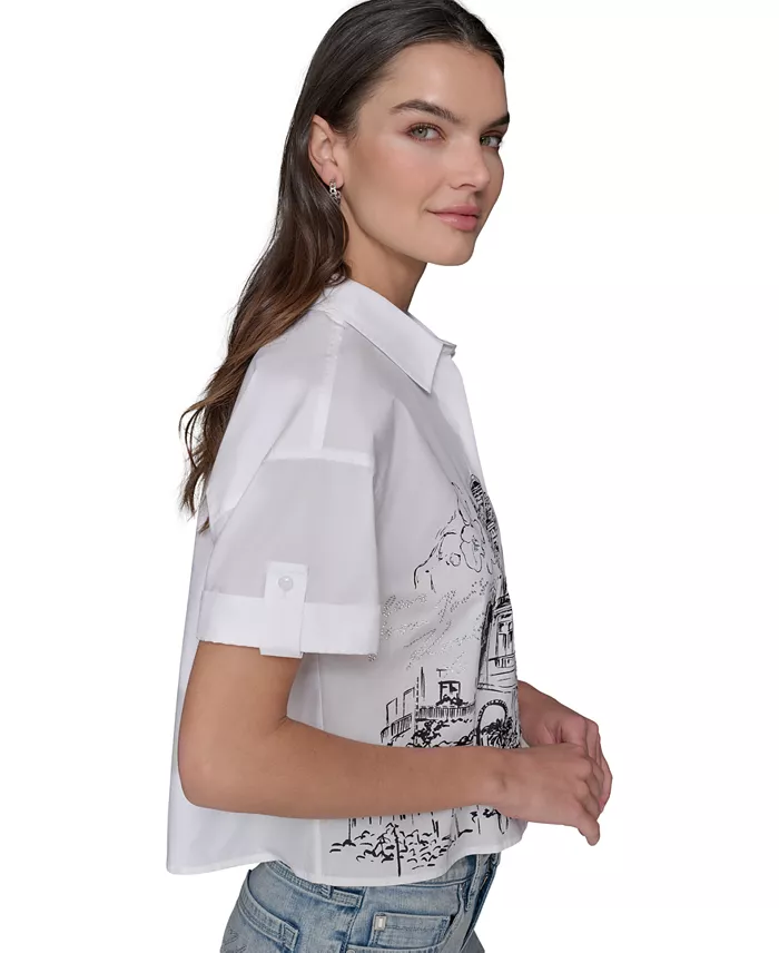 Alfani KARL LAGERFELD PARIS Women's Cotton Crop Paris Scene Button-Front Top Women's Fashion Shoes & Accessories