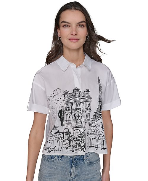 alfani KARL LAGERFELD PARIS Women's Cotton Crop Paris Scene Button-Front Top Women's Fashion Shoes & Accessories