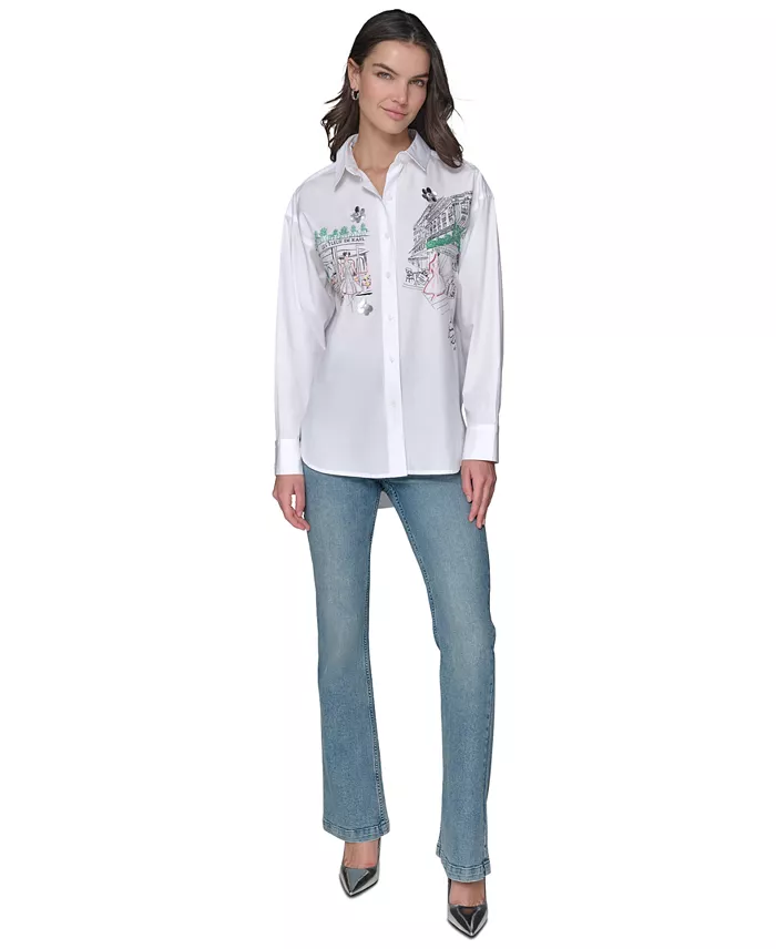 Alfani KARL LAGERFELD PARIS Women's Cotton Paris Scene Embellished Button-Front Top Women's Fashion Shoes & Accessories