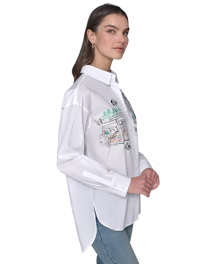 Alfani KARL LAGERFELD PARIS Women's Cotton Paris Scene Embellished Button-Front Top Women's Fashion Shoes & Accessories