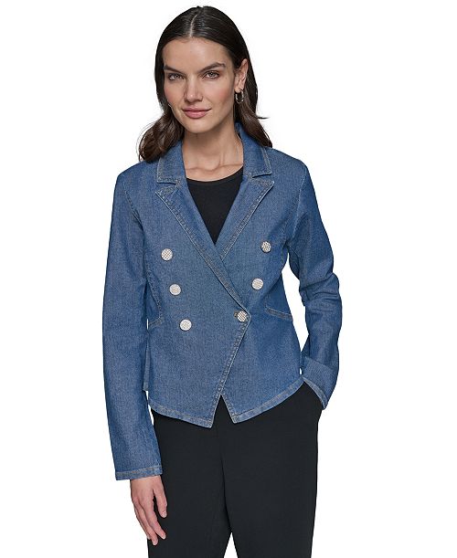 alfani KARL LAGERFELD PARIS Women's Double-Breasted Denim Jacket Women's Fashion Shoes & Accessories