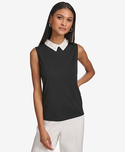 alfani KARL LAGERFELD PARIS Women's Embellished Collar Sleeveless Blouse Women's Fashion Shoes & Accessories