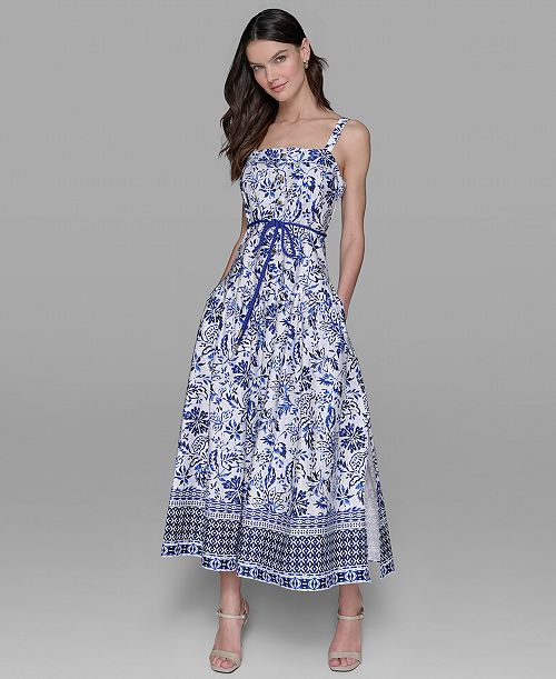 alfani KARL LAGERFELD PARIS Women's Floral-Print Square-Neck Midi Dress Women's Fashion Shoes & Accessories