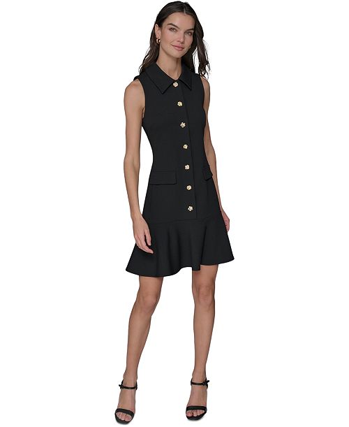 alfani KARL LAGERFELD PARIS Women's Flower-Button Collared Sleeveless Shift Dress Women's Fashion Shoes & Accessories
