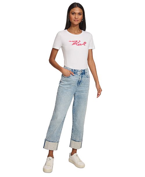 alfani KARL LAGERFELD PARIS Women's High-Rise Crystal-Cuff Jeans Women's Fashion Shoes & Accessories