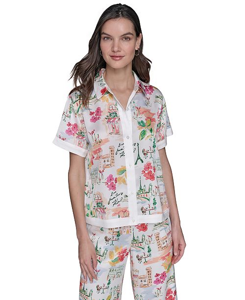 alfani KARL LAGERFELD PARIS Women's Printed Camp Shirt Women's Fashion Shoes & Accessories