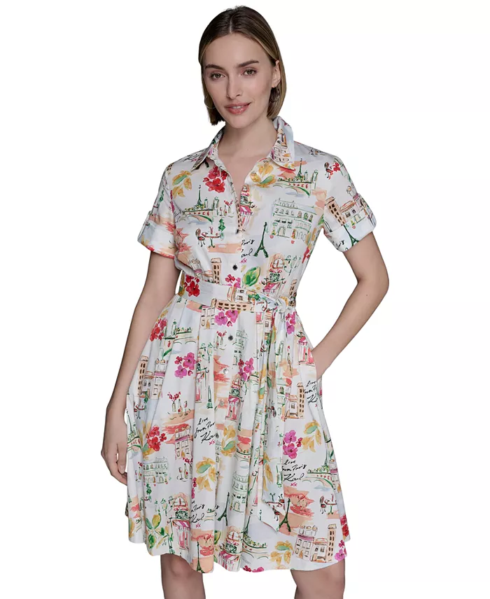 Alfani KARL LAGERFELD PARIS Women's Printed Cotton A-Line Shirtdress Women's Fashion Shoes & Accessories