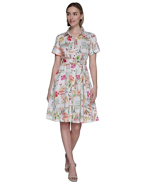 alfani KARL LAGERFELD PARIS Women's Printed Cotton A-Line Shirtdress Women's Fashion Shoes & Accessories