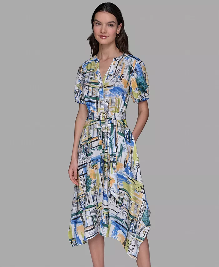 Alfani KARL LAGERFELD PARIS Women's Printed Paris Scene Belted High-Low Shirtdress Women's Fashion Shoes & Accessories