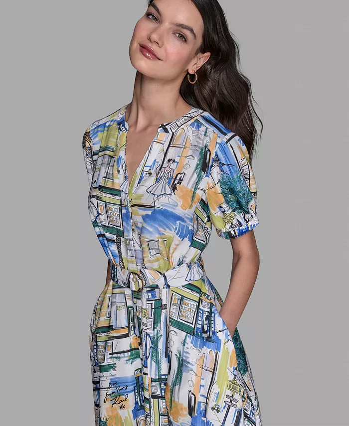 Alfani KARL LAGERFELD PARIS Women's Printed Paris Scene Belted High-Low Shirtdress Women's Fashion Shoes & Accessories