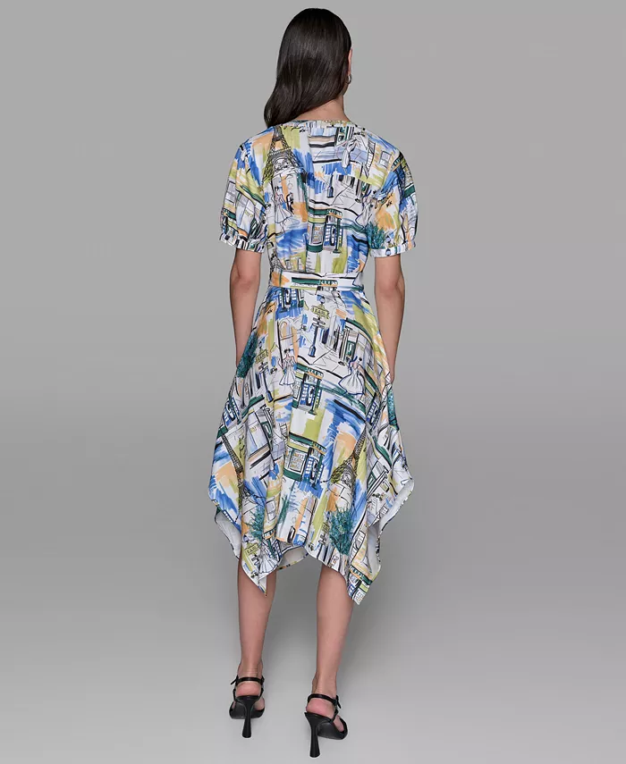 Alfani KARL LAGERFELD PARIS Women's Printed Paris Scene Belted High-Low Shirtdress Women's Fashion Shoes & Accessories