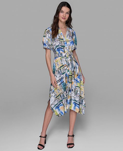alfani KARL LAGERFELD PARIS Women's Printed Paris Scene Belted High-Low Shirtdress Women's Fashion Shoes & Accessories